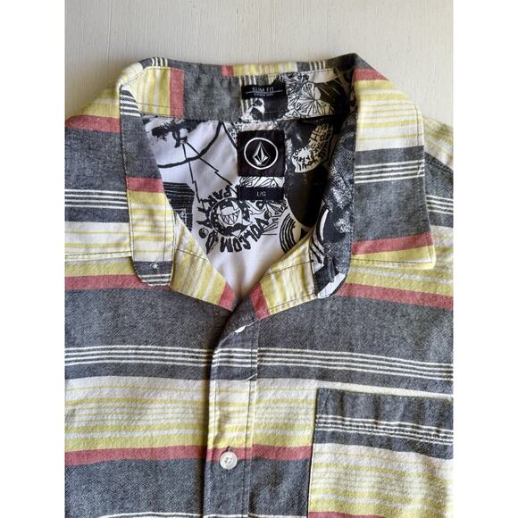 Volcom Shirt Adult L Yellow Gray Red Striped Cotton Rayon Blend Button - Picture 7 of 8